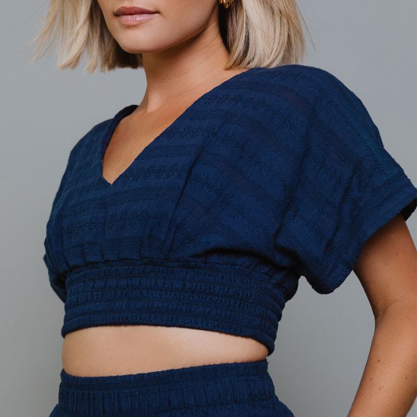 Smocked Crop Blouse, Navy Cheap