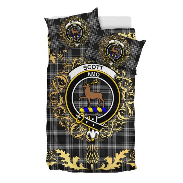 Scott Black and White Tartan Crest Bedding Set - Golden Thistle Style Online