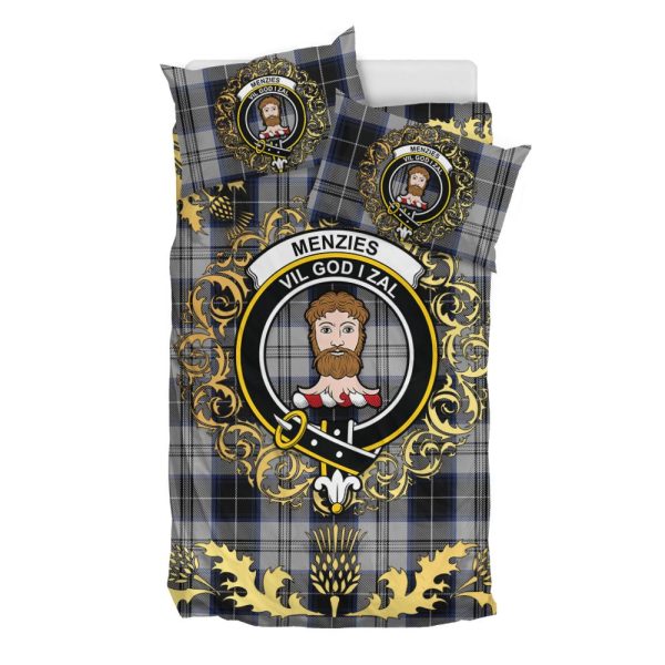 Menzies Black Dress Tartan Crest Bedding Set - Golden Thistle Style For Discount